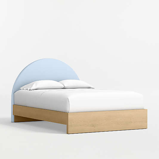 Emma Light Blue Upholstered Kids Full Headboard with Natural Wood Base