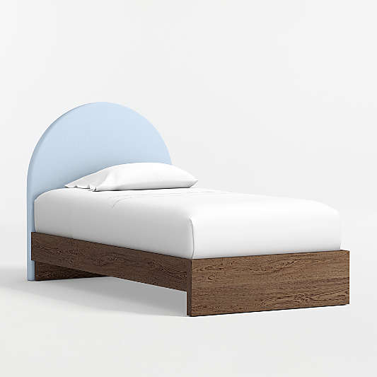 Emma Light Blue Upholstered Kids Headboard with Deep Brown Wood Base