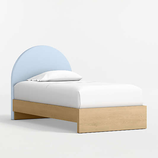 Emma Light Blue Upholstered Kids Headboard with Natural Wood Base