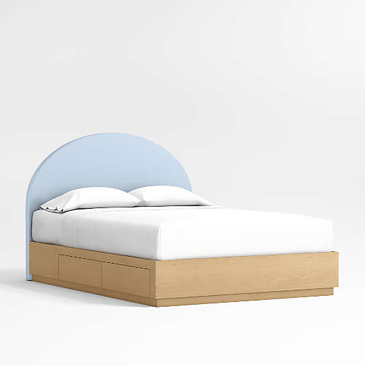 Emma Light Blue Upholstered Arched Kids Full Bed with Natural Wood Storage Base