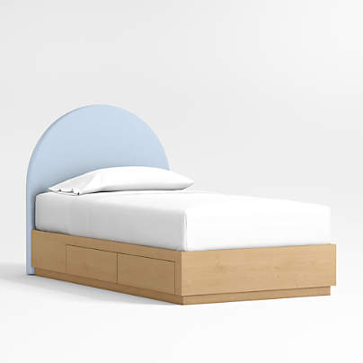 Emma Light Blue Upholstered Arched Kids Twin Bed with Natural Wood Storage Base