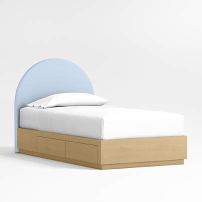 Emma Light Blue Upholstered Arched Kids Twin Bed with Natural Wood Storage Base