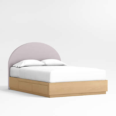 Emma Lilac Upholstered Arched Kids Full Bed with Natural Wood Storage Base