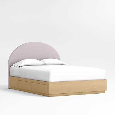 Emma Lilac Upholstered Arched Kids Full Bed with Natural Wood Storage Base