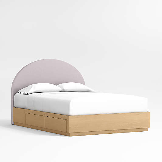 Emma Lilac Upholstered Arched Kids Full Bed with Natural Wood Storage Base