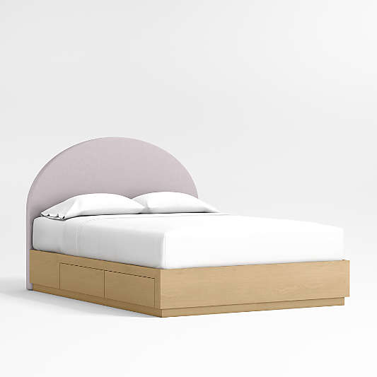 Emma Lilac Upholstered Arched Kids Full Bed with Natural Wood Storage Base