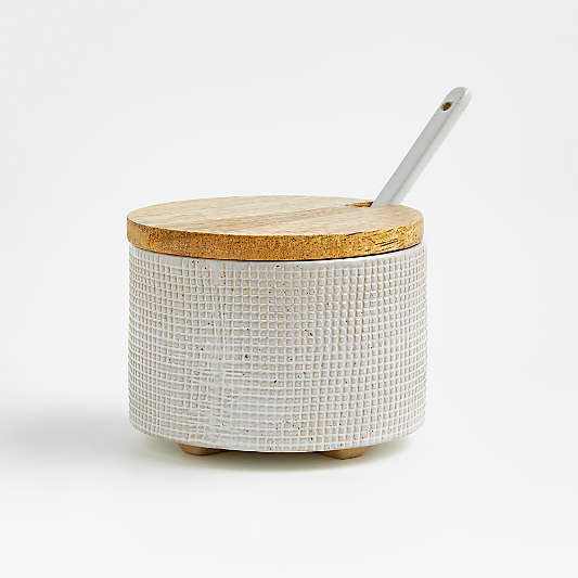 Ena Stoneware Salt Cellar with Spoon and FSC Acacia Wood Lid