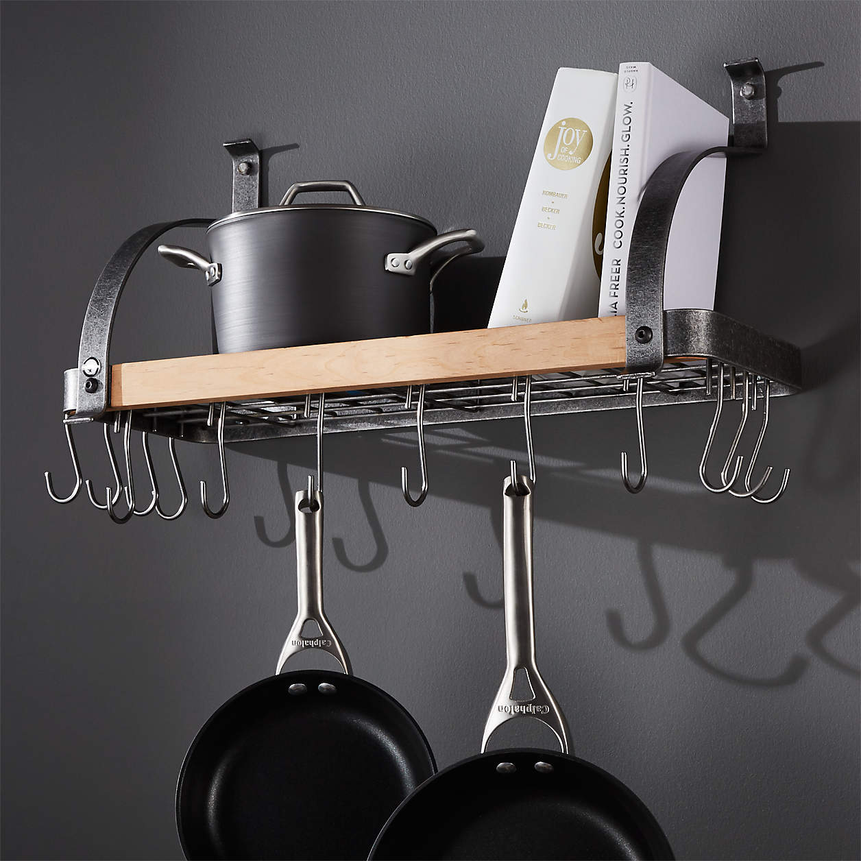 Enclume Steel and Wood Bookshelf Wall Pot Rack + Reviews Crate & Barrel