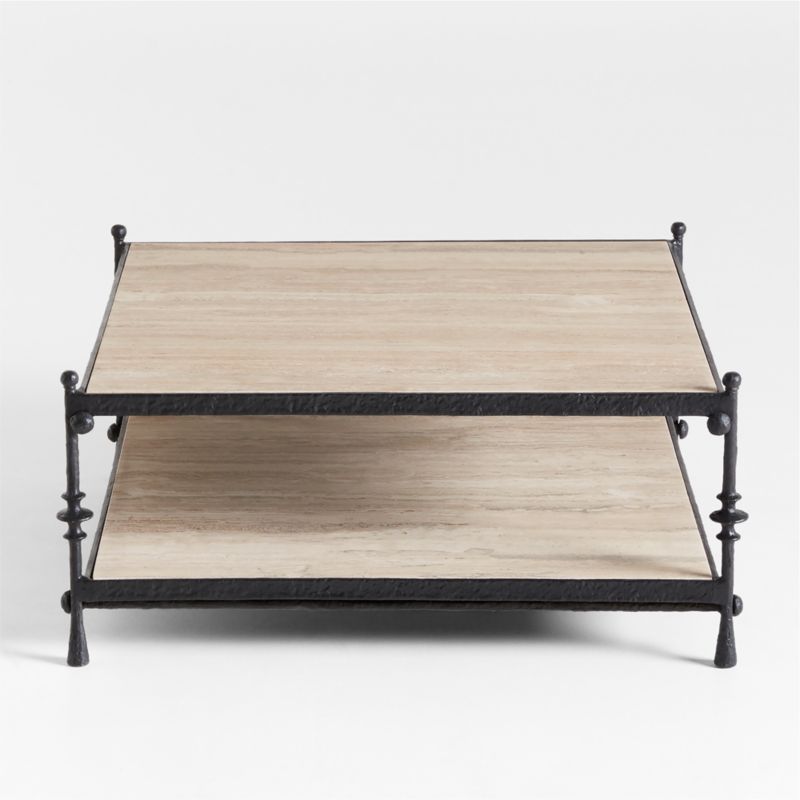 Estate Travertine and Metal 38" Square Coffee Table with Shelf by Jake Arnold - image 5 of 10