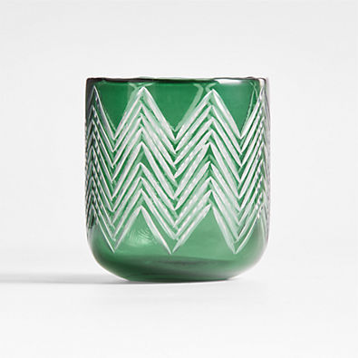 View Etched Green Glass Hurricane Candle Holder 4" details