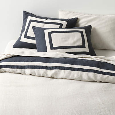 New Natural EUROPEAN FLAX ™-Certified Linen Arcadia Tan and Midnight Navy Border King Duvet Cover