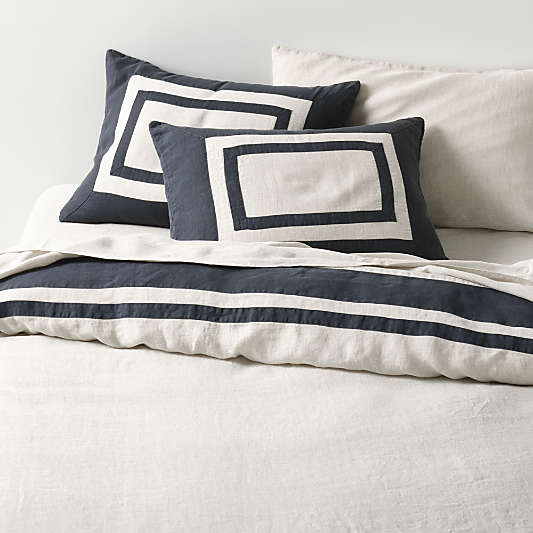 New Natural EUROPEAN FLAX ™-Certified Linen Arcadia Tan and Midnight Navy Border Duvet Covers and Shams