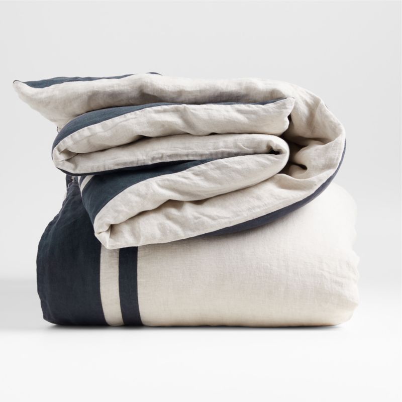 New Natural EUROPEAN FLAX ™-Certified Linen Arcadia Tan and Midnight Navy Border King Duvet Cover - image 4 of 8