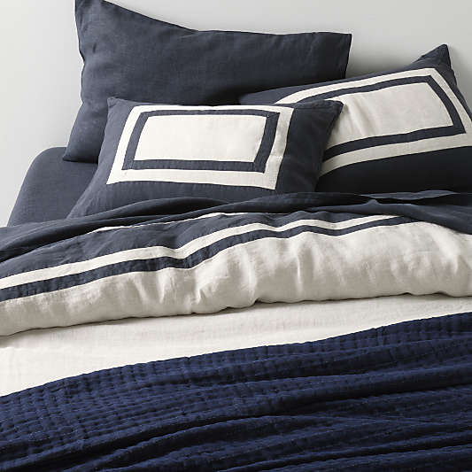 New Natural EUROPEAN FLAX ™-Certified Linen Arcadia Tan and Midnight Navy Border Euro Bed Pillow Sham