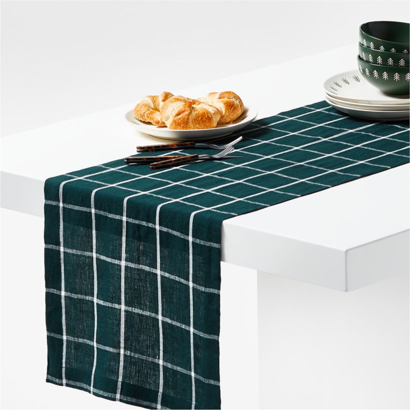 Marin Green Windowpane EUROPEAN FLAX ™-Certified Linen Table Runner