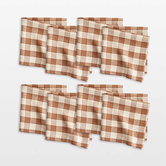 Marin Walnut Brown EUROPEAN FLAX ™-Certified Linen Buffalo Check Napkins, Set of 8