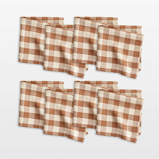 Marin Walnut Brown European Linen Buffalo Check Napkins, Set of 8