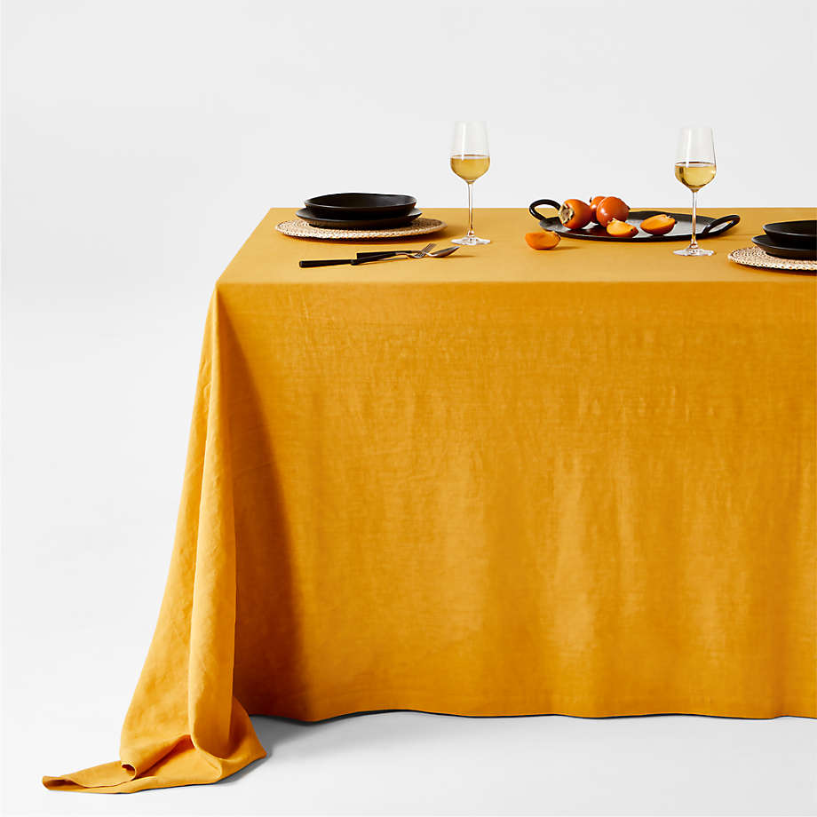 Marin Olive Yellow Linen Tablecloth | Crate & Barrel
