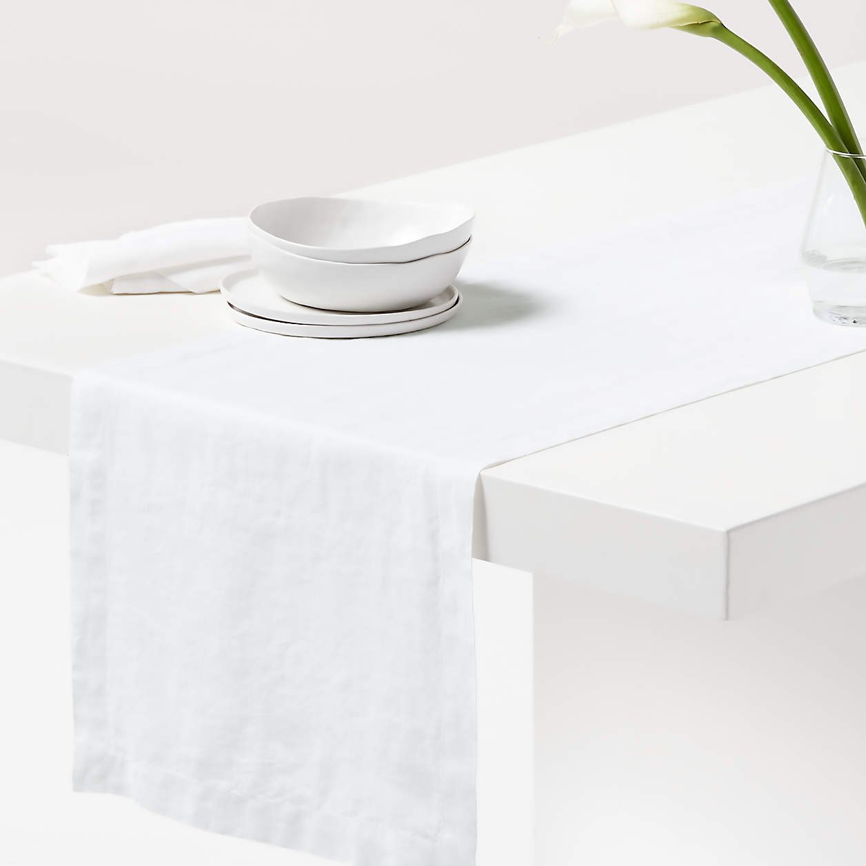 Marin 120" White European Flax Certified Linen Table Runner + Reviews Crate & Barrel