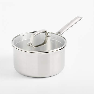Crate & Barrel EvenCook Stainless™ 3.5-Qt. Stainless Steel Saucepan with Glass Straining Lid