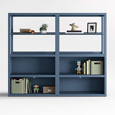 Ever Simple Set of 2 Modular Slate Blue Wood Kids Open Bookcases with Hutches