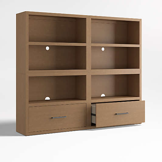 Ever Simple Set of 2 Modular Natural Brown Wood Kids Open Bookcases with Drawers
