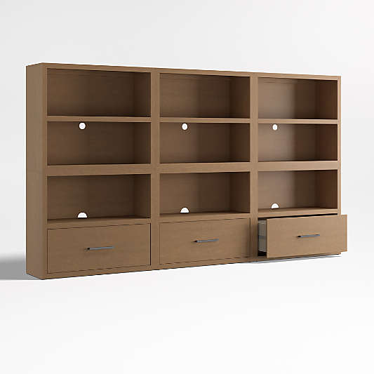 Ever Simple Set of 3 Modular Natural Brown Wood Kids Open Bookcases with Drawers