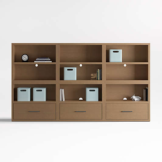 Ever Simple 108" Set of 3 Modular Natural Brown Wood Kids Open Bookcases with Drawers