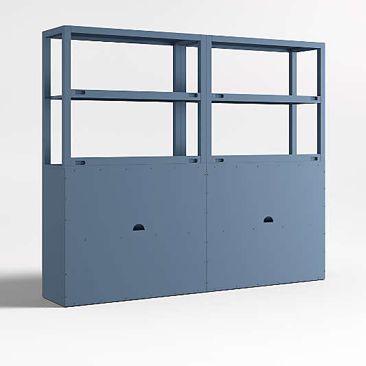 Ever Simple Set of 2 Modular Slate Blue Wood Kids Drawer Bookcases with Hutches