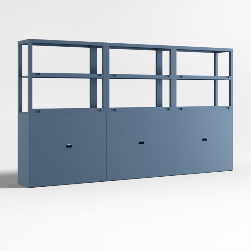 Ever Simple Set of Modular Slate Blue Wood Kids Drawer Bookcases with Hutches