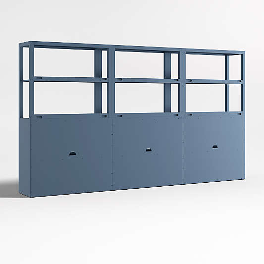 Ever Simple Set of 3 Modular Slate Blue Wood Kids Drawer Bookcases with Hutches