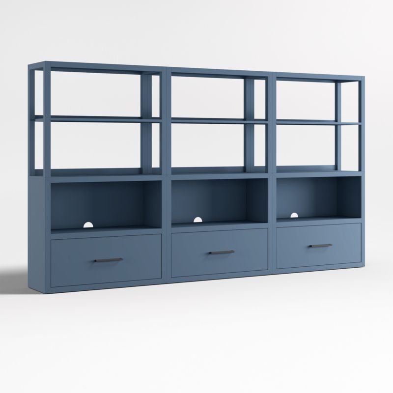 Ever Simple Set of Modular Slate Blue Wood Kids Drawer Bookcases with Hutches
