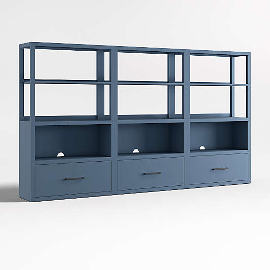 Ever Simple Set of 3 Modular Slate Blue Wood Kids Drawer Bookcases with Hutches