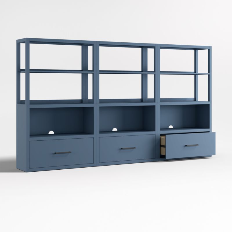 Ever Simple Set of Modular Slate Blue Wood Kids Drawer Bookcases with Hutches