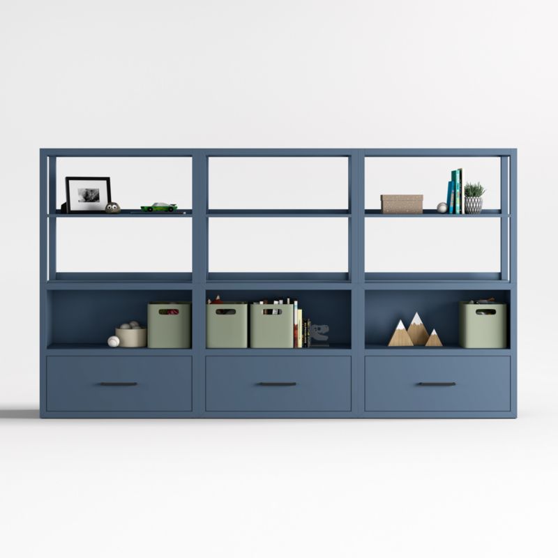 Ever Simple Set of Modular Slate Blue Wood Kids Drawer Bookcases with Hutches