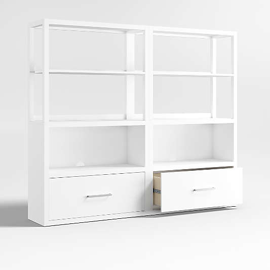 Ever Simple Set of 2 Modular White Wood Kids Drawer Bookcases with Hutches