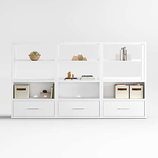 Ever Simple Set of 3 Modular White Wood Kids Drawer Bookcases with Hutches