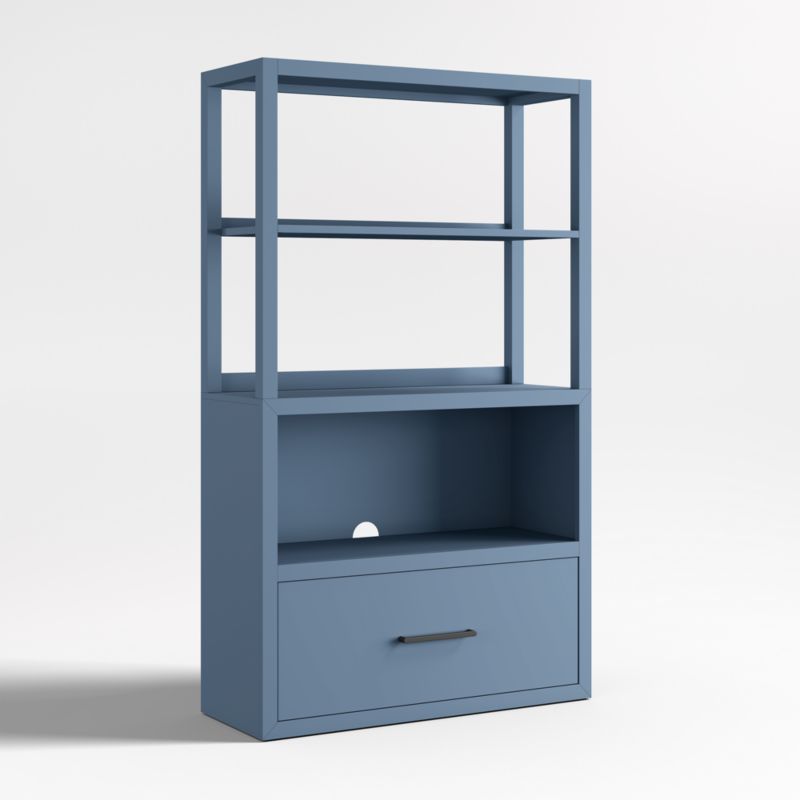Ever Simple Modular Slate Blue Wood Kids Drawer Bookcase with Hutch