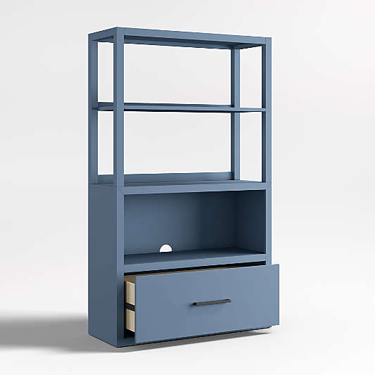 Ever Simple Modular Slate Blue Wood Kids Drawer Bookcase with Hutch