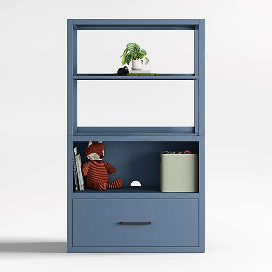 Ever Simple Modular Slate Blue Wood Kids Drawer Bookcase with Hutch