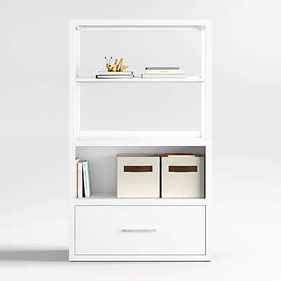 Ever Simple Modular White Wood Kids Drawer Bookcase with Hutch