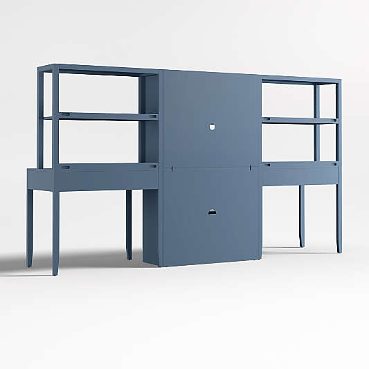 Ever Simple Set of 2 Modular Slate Blue Wood Kids Desks with Drawer Bookcase