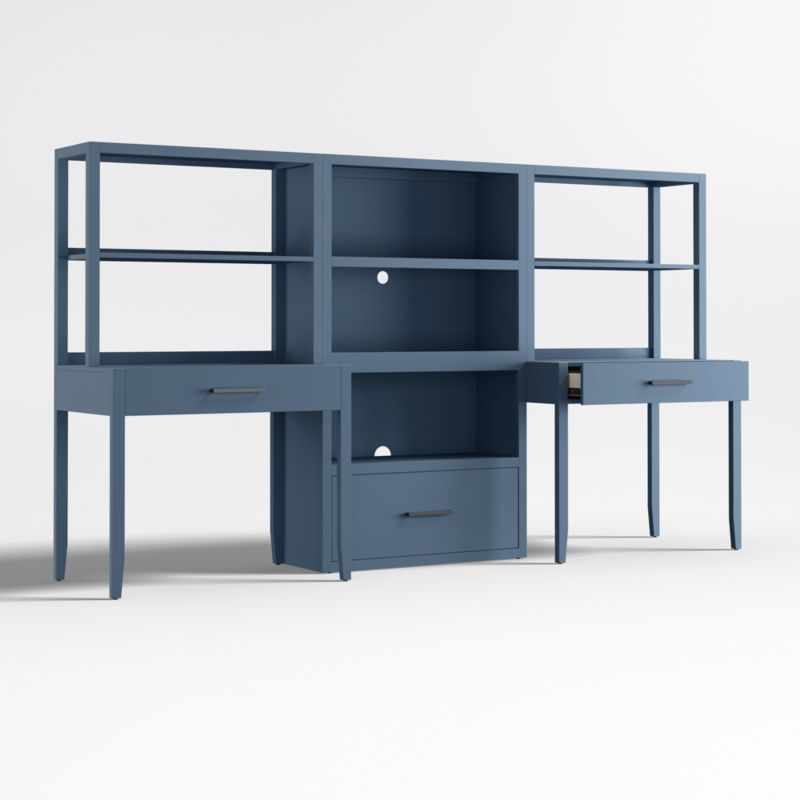 Ever Simple Set of 2 Modular Slate Blue Wood Kids Desks with Drawer Bookcase