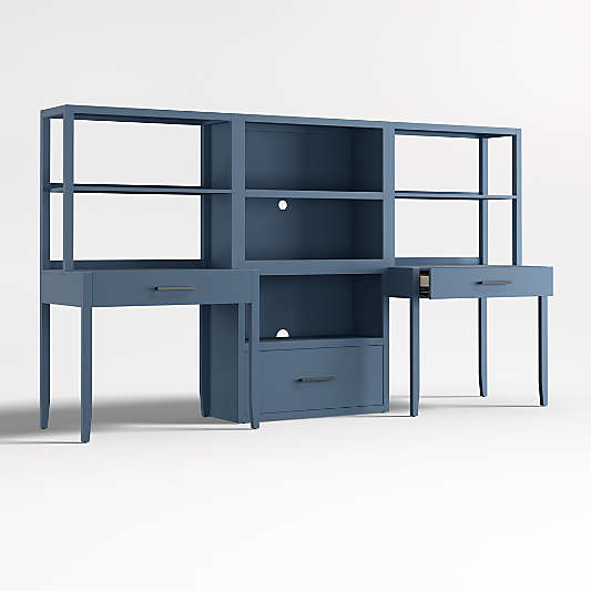 Ever Simple Set of 2 Modular Slate Blue Wood Kids Desks with Drawer Bookcase