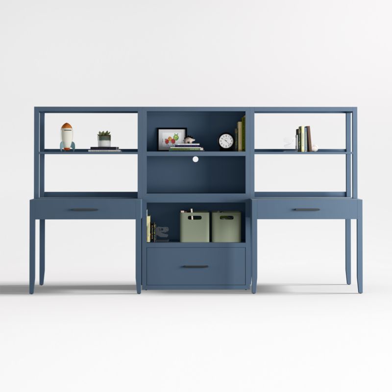 Ever Simple Set of 2 Modular Slate Blue Wood Kids Desks with Drawer Bookcase