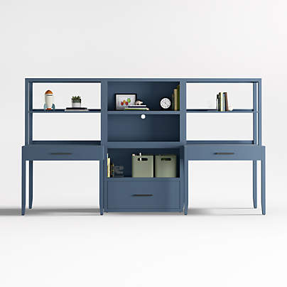 Ever Simple Set of 2 Modular Slate Blue Wood Kids Desks with Drawer Bookcase