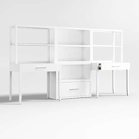 Ever Simple Set of 2 Modular White Wood Kids Desks with Drawer Bookcase