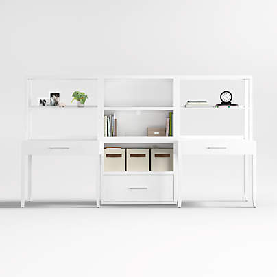 Ever Simple Set of 2 Modular White Wood Kids Desks with Drawer Bookcase