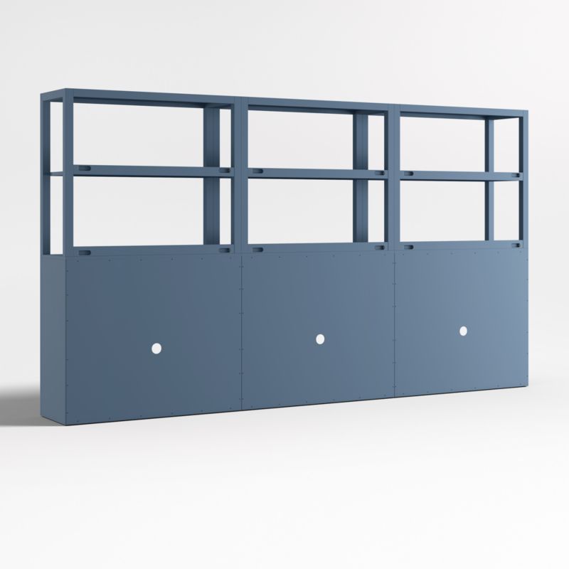 Ever Simple Set of Modular Slate Blue Wood Kids Open Bookcases with Hutches