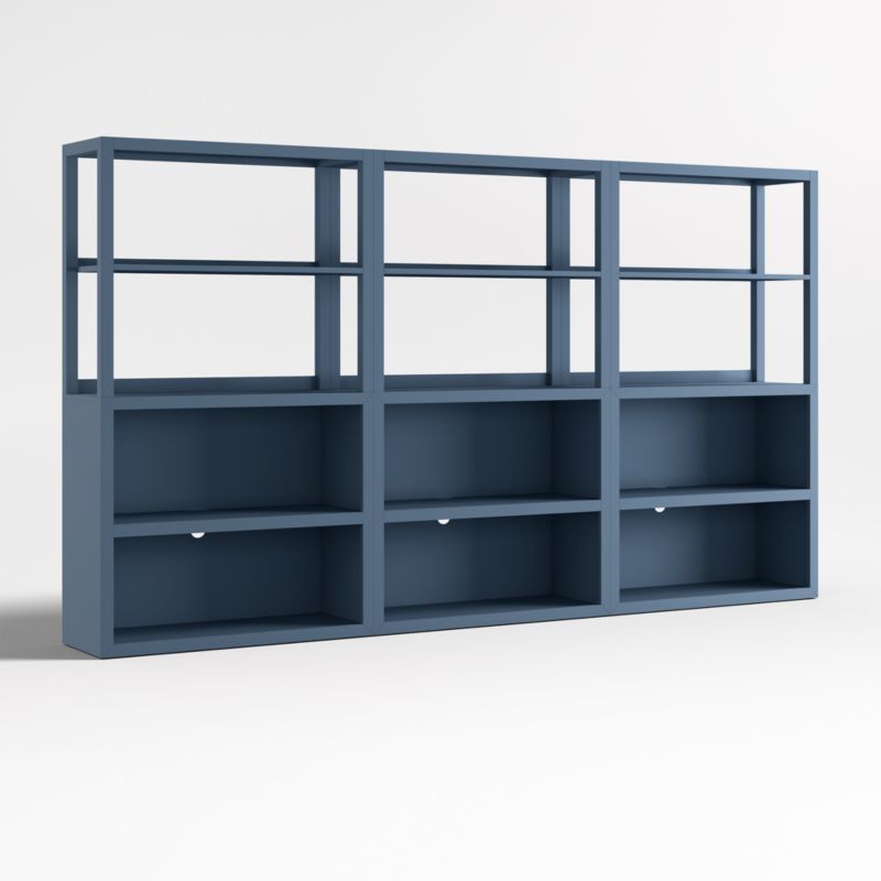 Ever Simple Set of Modular Slate Blue Wood Kids Open Bookcases with Hutches